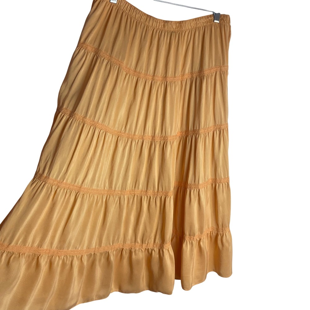 Garnet Hill Womens 100% Silk Tiered Skirt Sz 12 Orange Lace Trim‎ Elastic Waist
